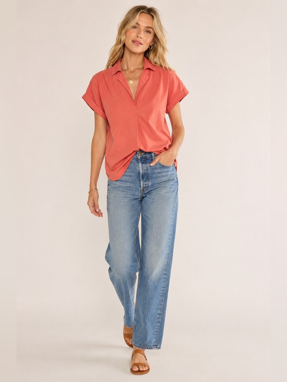 Nation LTD Elliot Johnny Collar Top Coral Pima Cotton XS